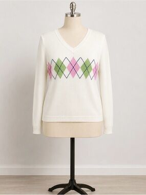 Liz Claiborne Size M White Pastel Argyle Long Sleeve Sweater